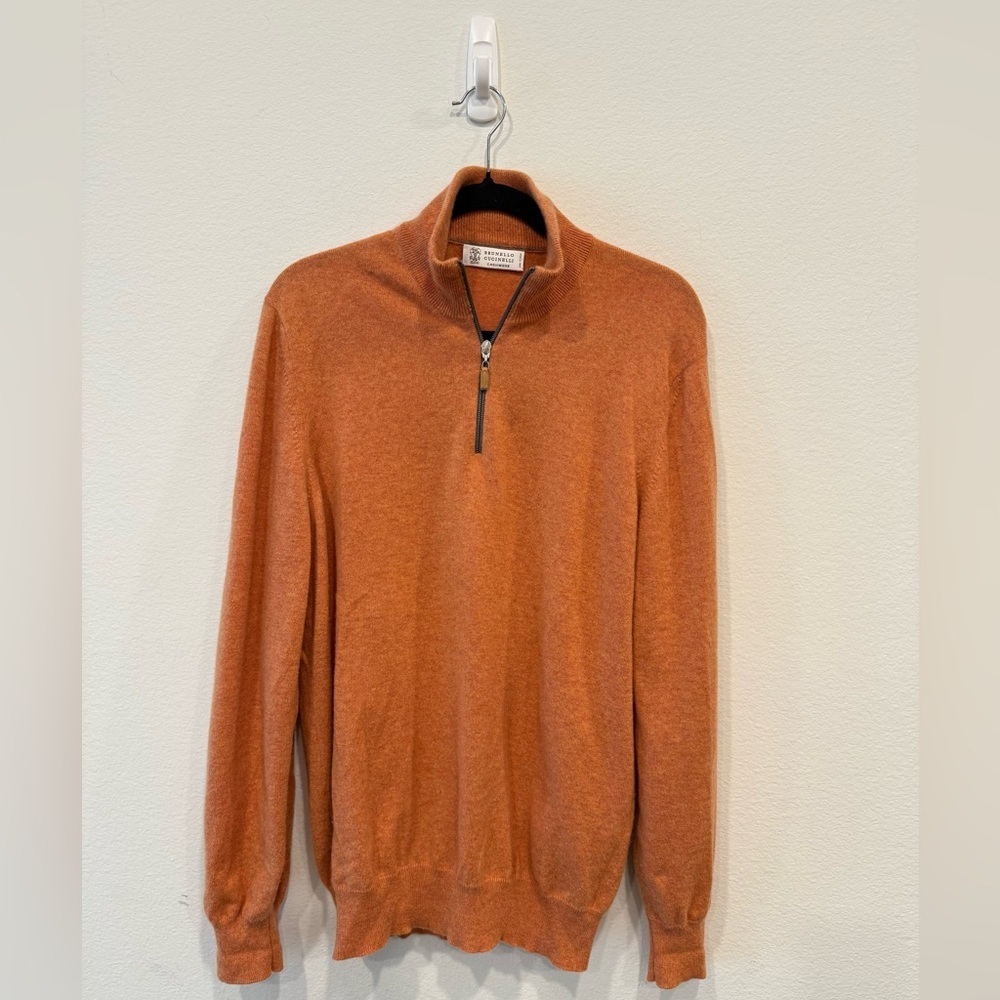 Brunello Cucinelli 100% Cashmere Men's Zip-Up Sweater in Orange
